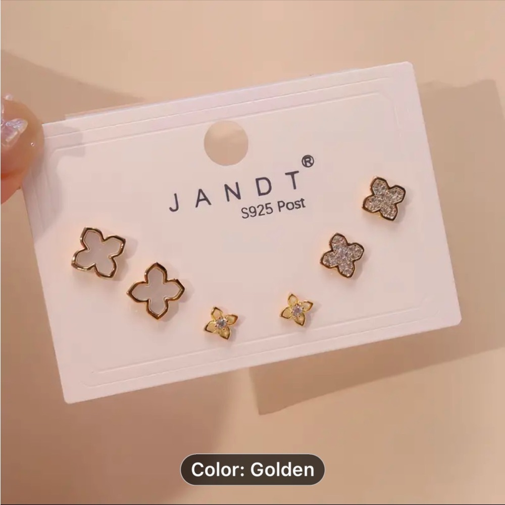Jandt golden 925 silver posts flower 3 set stud  earrings